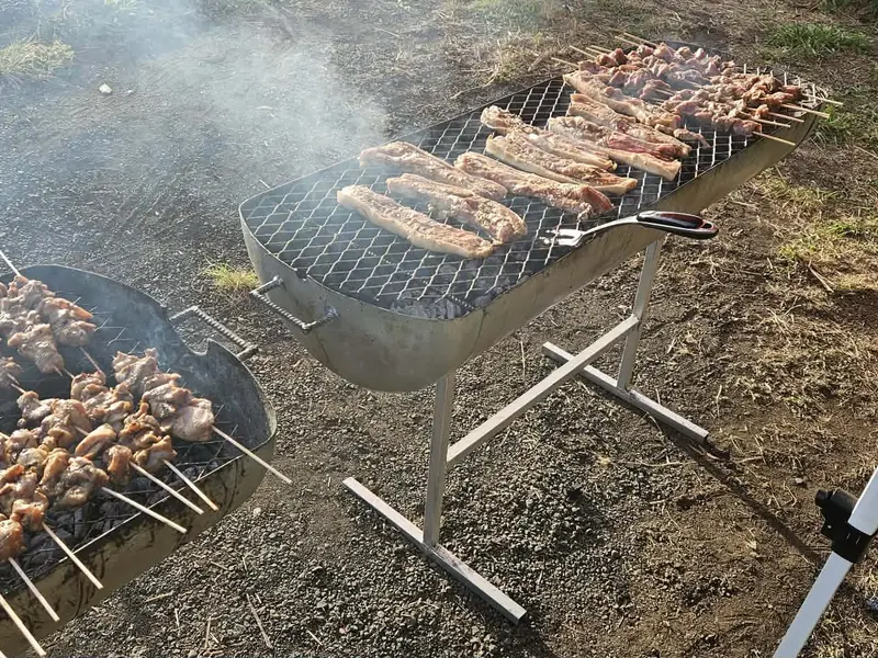 Cuisson de poulets et brochettes sur les grilles