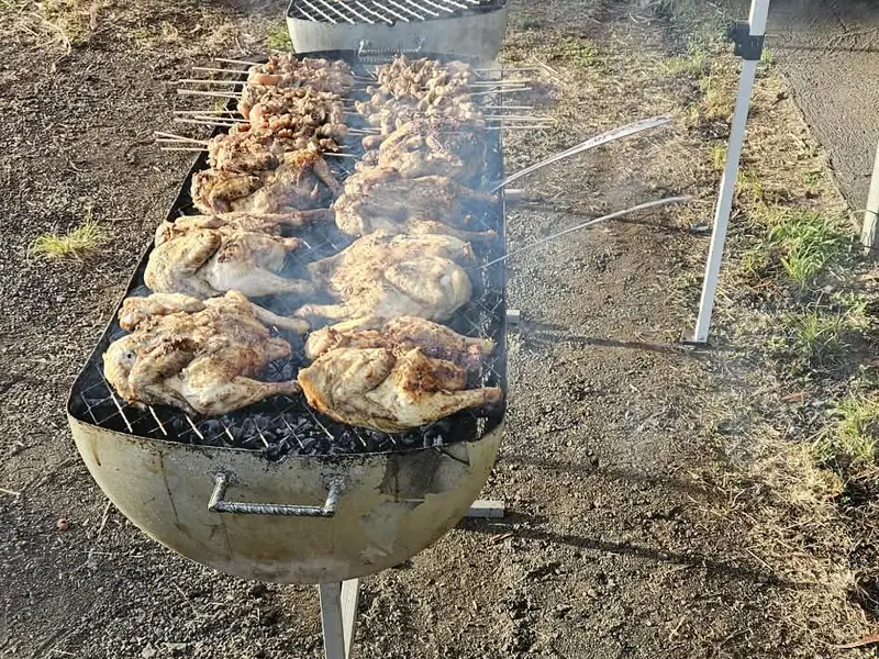 Poulets, porc et brochettes préparés sur les grilles